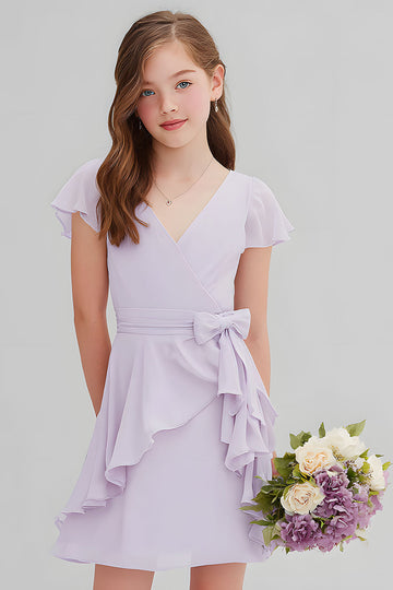 Violet en mousseline de soie V-col A-ligne Short Junior Demoiselle d’honneur Robe avec Volants
